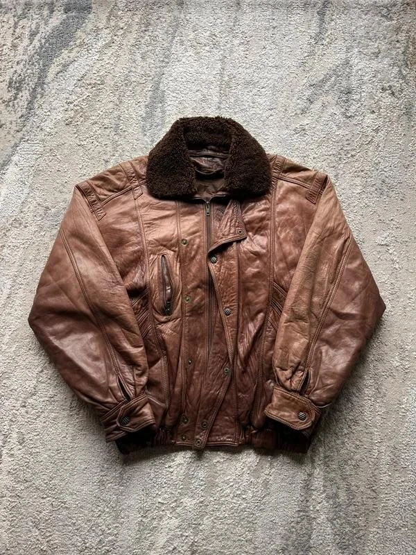 Vintage 90s Flight Aviator Mens Brown Sheepskin Collar Leather Bomber Jacket Siz